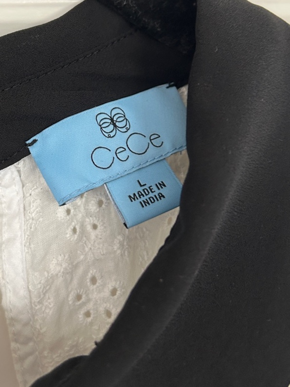 Cece Eyelet Tie-Neck Flutter Sleeve Top - White with Black Collar Bow - Picture 3 of 3